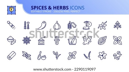 Line icons  about spices and herbs. Contains such icons as turmeric, celery, rosemary, saffron and pepper. Editable stroke Vector 256x256 pixel perfect