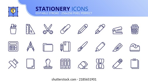 Line icons about stationery. Contains such icons as ruler, pencil, scissors, glue, clip, eraser, marker, paper and folder. Editable stroke Vector 256x256 pixel perfect