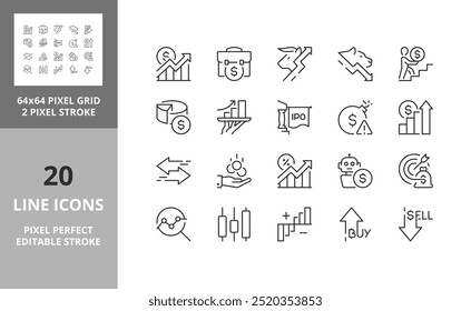 Line icons about stock markets. Contains such icons as high frequency trading, volatility, technical analysis and more. Editable vector stroke. 64 and 256 Pixel Perfect scalable to 128px...