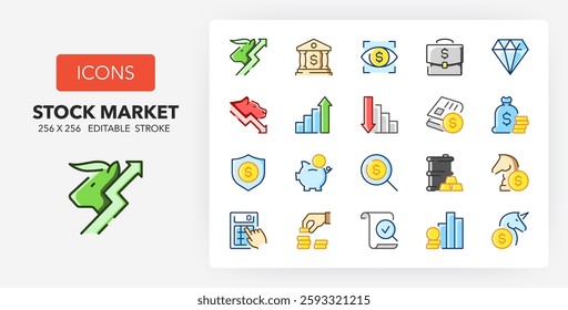 Line icons about stock markets. Contains such icons as bullish, commodities, stock exchange building and more. 256x256 Pixel Perfect editable in colors