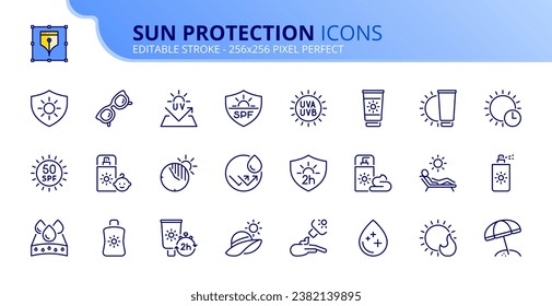 Line icons about sun protection. Contains such icons as sunglasses, SPF, sunscreen and skin care. Editable stroke. Vector 256x256 pixel perfect.