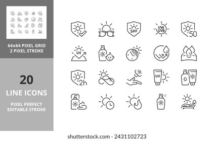 Iconos de línea sobre protección solar. Trazo vectorial editable. 64 y 256 píxeles Perfecto escalable a 128px...