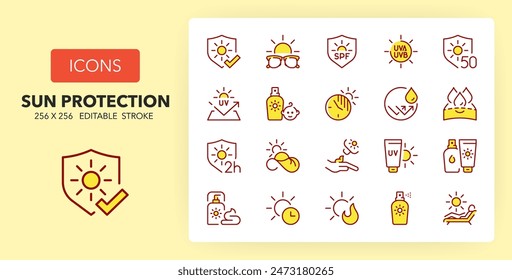 Iconos de línea sobre protecciones solares. Contiene iconos como protector solar, gafas de sol, impermeable y más. 256x256 Píxel Perfecto editable en dos colores