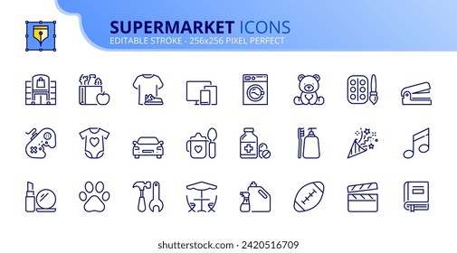 Iconos de línea sobre el supermercado. Contiene íconos como comestibles, ropa, cuidado personal, al aire libre, mejoramiento del hogar y entretenimiento. Trazo editable. Vector 256x256 píxel perfecto.