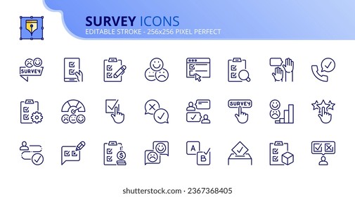 Iconos de línea sobre la encuesta. Contiene iconos como sondeo, análisis de datos, fidelización de clientes, comentarios y clasificación. Trazo editable. Vector 256x256 píxel perfecto.