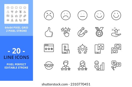 Line icons about survey and rating. Contains such icons as referral marketing, customer satisfaction, CRM, feedback and testimonials. Editable stroke. Vector - 64 pixel perfect grid