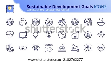 Line icons about Sustainable Development Goals. Contains such icons as environmental, social and governance concerns. Editable stroke Vector 256x256 pixel perfect