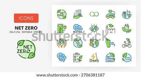 Line icons about sustainable development. Contains such icons as co2 neutral, save the earth, cabon footprint and more. 256x256 Pixel Perfect editable in two colors