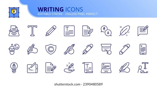 Iconos de línea sobre el texto. Contiene iconos como escritura, creatividad, lápiz y escritura. Trazo editable. Vector 256x256 píxel perfecto.