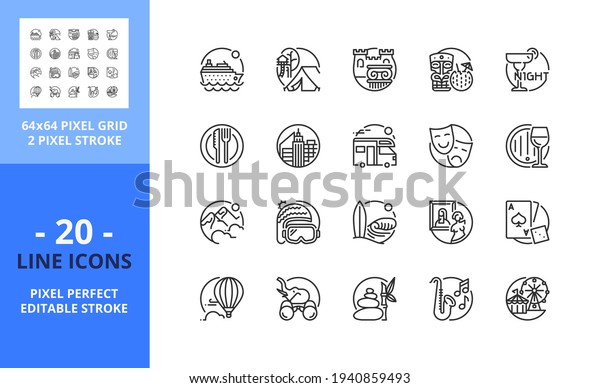 Line icons about tourism. Contains such icons as\
safari, music, camping, cultural, tropical, gastronomic, beach,\
mountain, spa and nature trip. Editable stroke. Vector - 64 pixel\
perfect grid