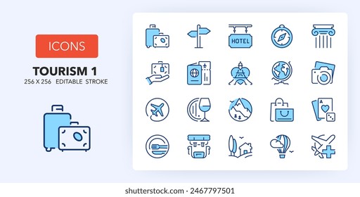 Line icons about tourism and travel destinations. Contains such icons as ecotourism, outdoor, casino and more. 256x256 Pixel Perfect editable in two colors. Set 1of 2