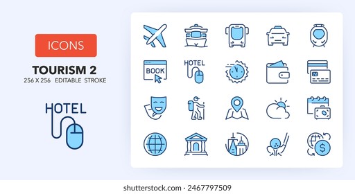 Liniensymbole über Tourismus und Reiseziele. Enthält Symbole wie Buchung, Kreuzfahrt, Golf und mehr. 256x256 Pixel Perfekt editierbar in zwei Farben. Satz 2von 2