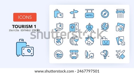 Line icons about tourism and travel destinations. Contains such icons as ecotourism, outdoor, casino and more. 256x256 Pixel Perfect editable in two colors. Set 1of 2