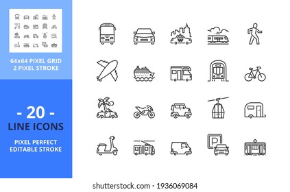 Line icons about transport. Contains such icons as car, bus, train, airplane, cruise, motorbike and camper. Editable stroke. Vector - 64 pixel perfect grid