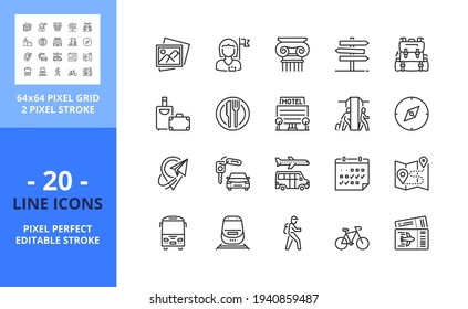 Line icons about travel. Contains such icons as tour guide, hotel, transports, restaurant, trip, luggage and airport. Editable stroke. Vector - 64 pixel perfect grid