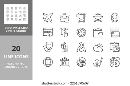 Line icons about travel, tourism and destinations. Editable vector stroke. 64 and 256 Pixel Perfect scalable to 128px