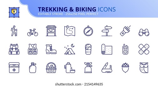 Line icons about trekking and biking. Contains such icons as camping, map, trail, picnic, bike, and mountain equipment. Editable stroke Vector 256x256 pixel perfect