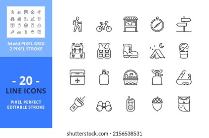 Line icons about trekking and biking. Contains such icons as camping, map, trail, picnic, bike, and mountain equipment. Editable stroke. Vector - 64 pixel perfect grid