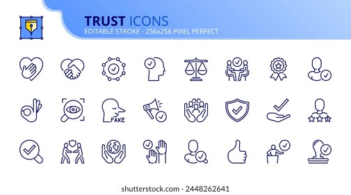 Line icons about trust. Contains such icons as honesty, commitment, integrity and transparency. Editable stroke. Vector 256x256 pixel perfect.