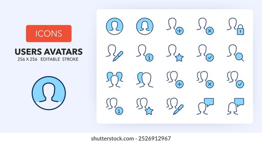 Iconos de línea sobre la interfaz de usuario y avatares. Contiene iconos como masculino, favorito, grupo y más. 256x256 Pixel Perfecto editable en dos colores