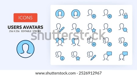 Line icons about user interface and avatars. Contains such icons as male, favorite, group and more. 256x256 Pixel Perfect editable in two colors