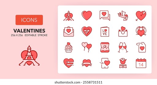 Line icons about valentine's day. Contains such icons as romantic trip, seduction, cupid and more. 256x256 Pixel Perfect editable in two colors