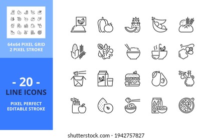 Iconos de línea sobre comida vegana. Contiene íconos como frutas, verduras, alubias de soja, superalimentos, granos enteros, tofu, hebs y especias. Trazo editable. Vector: cuadrícula perfecta de 64 píxeles