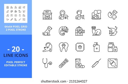 Line icons about vet. Contains such icons as pets, medical history, vaccines, test, dental care, chips, antiparasitic, and x ray. Editable stroke. Vector - 64 pixel perfect grid