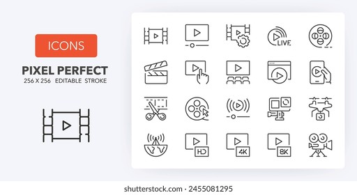 Line icons about video. Contains such icons as broadcast, live, production and more. Editable vector stroke 1 of 2 sets. 256 Pixel Perfect scalable to 128px...