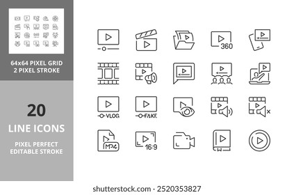 Ícones de linha sobre o vídeo. Contém ícones como lição de vídeo, taxa de proporção, viral e muito mais. Vetor editável traçado 2 de 2 conjuntos. 64 e 256 Pixel Perfeito escalável para 128px...