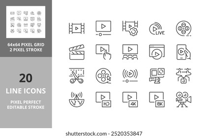 Line icons about video. Contains such icons as broadcast, live, production and more. Editable vector stroke 1 of 2 sets. 64 and 256 Pixel Perfect scalable to 128px...