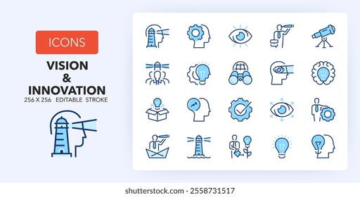 Line icons about vision and innovation, business concepts. Contains such icons as creativity, entrepreneurship, perspective and more. 256x256 Pixel Perfect editable in two colors