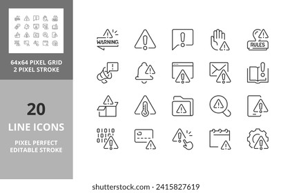 Line icons about warning and exclamations marks. Editable vector stroke. 64 and 256 Pixel Perfect scalable to 128px...