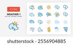 Line icons about weather. Contains such icons as cloudy, humidity, fog and more. 256x256 Pixel Perfect editable in two colors. Set 1 of 2