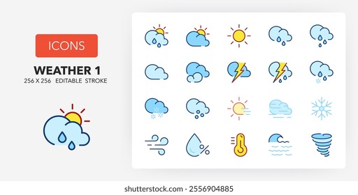 Line icons about weather. Contains such icons as cloudy, humidity, fog and more. 256x256 Pixel Perfect editable in two colors. Set 1 of 2