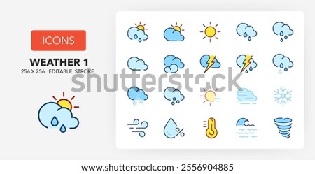 Line icons about weather. Contains such icons as cloudy, humidity, fog and more. 256x256 Pixel Perfect editable in two colors. Set 1 of 2