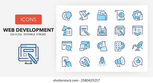 Line icons about web development process. Contains such icons as briefing, sketching, testing and more. 256x256 Pixel Perfect editable in two colors