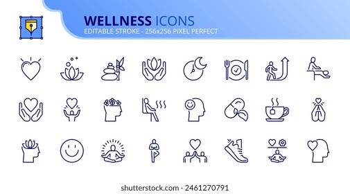 Line icons about wellness. Contains such icons as relaxation,  spirituality, meditation, healthy lifestyle and personal growth. Editable stroke. Vector 256x256 pixel perfect.