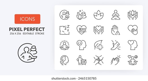 Iconos de línea sobre bienestar. Contiene iconos como la relajación, el yoga, el spa, el crecimiento personal y más. Trazo de Vector editable. 256 Píxeles Perfecto escalable a 128px...