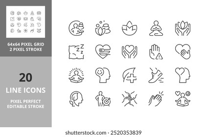 Line icons about wellness. Contains such icons as relaxation, yoga, spa, personal growth and more. Editable vector stroke. 64 and 256 Pixel Perfect scalable to 128px...