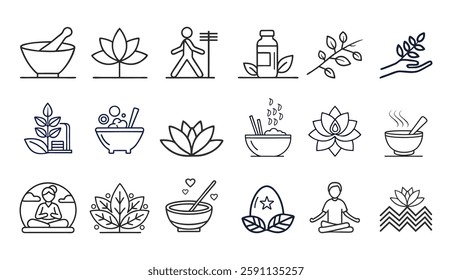 Line icons about wellness. Contains such icons as relaxation, yoga, spa, personal growth and more. Editable vector stroke.