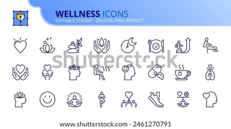 Line icons about wellness. Contains such icons as relaxation,  spirituality, meditation, healthy lifestyle and personal growth. Editable stroke. Vector 256x256 pixel perfect.