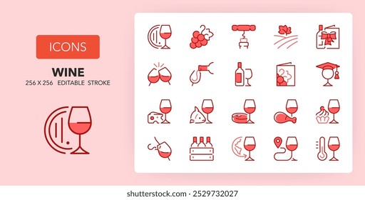 Line icons about wine and wine pairing. Contains such icons as tasting, sommeliers, grapes and more. 256x256 Pixel Perfect editable in two colors