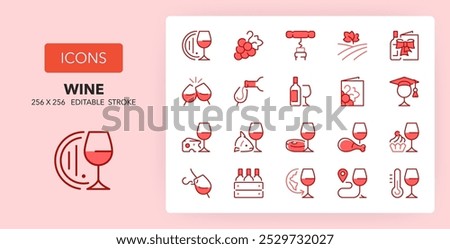 Line icons about wine and wine pairing. Contains such icons as tasting, sommeliers, grapes and more. 256x256 Pixel Perfect editable in two colors