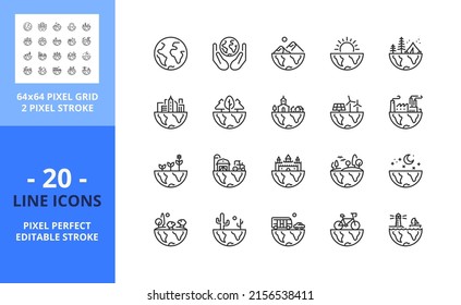 Line icons about worlds. Contains such icons as landscape, Earth, sea, mountains, city, town and countryside. Editable stroke. Vector - 64 pixel perfect grid