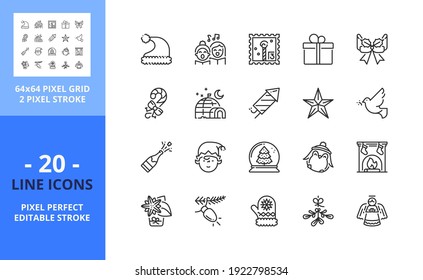 Line icons about XMAS. Contains such icons as Santa Claus, gifts, snow globe, Crhistmas tree and mistletoe. Editable stroke. Vector - 64 pixel perfect grid