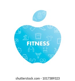  Line icons in apple shape. Fitness pack. Vector illustration for activity life and gym, health care and sport.
