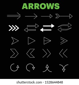 Line icons of arrows and arrow head, different kinds of arrows line drawings