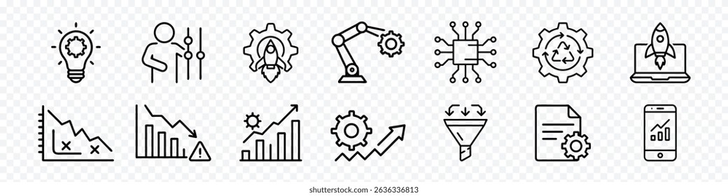 Line Icons of Artificial Intelligence, Innovation, Industry Automation, Data Analytics and Business Growth