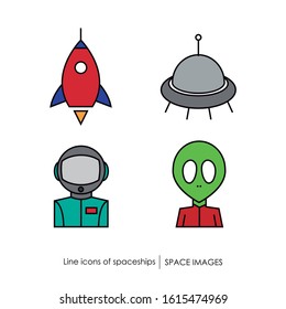 Line icons of astronaut, alien, spaceship and UFO. Space images
